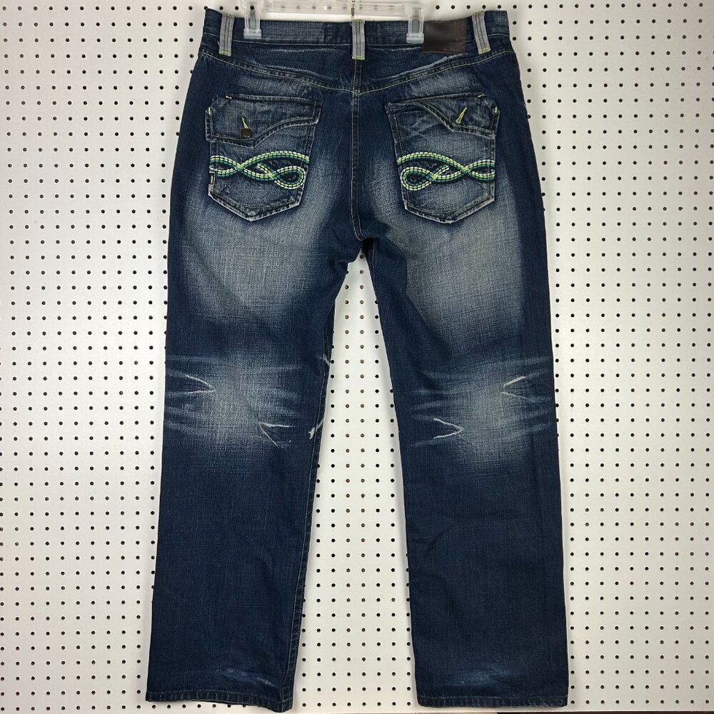 Akademiks Hip Hop Baggy Jeans 38x34 Stitched Embroidered Dark Wash‎ Skater Flap